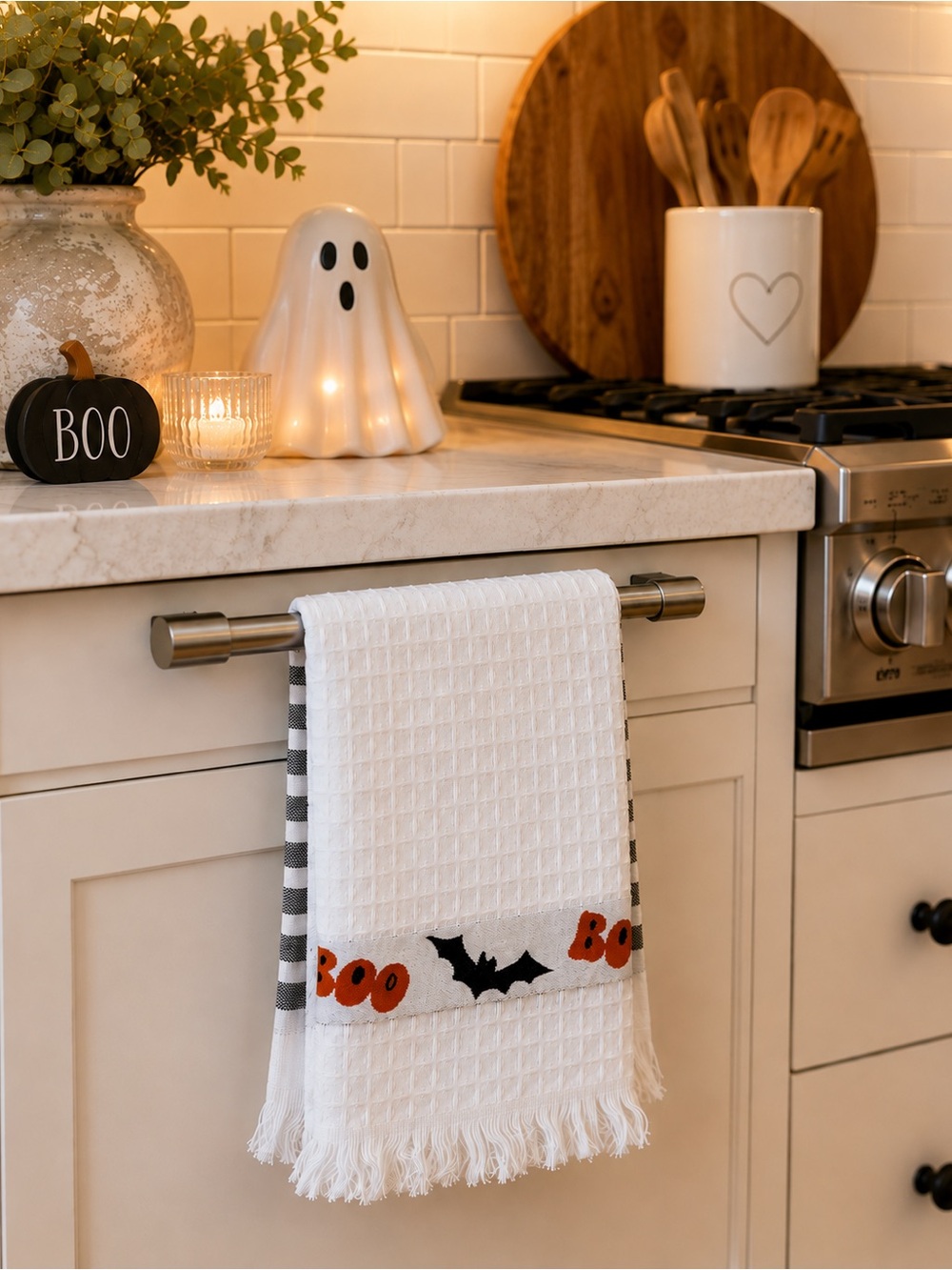 White Halloween 'Boo' Waffle Weave Kitchen Towels -Set of 3